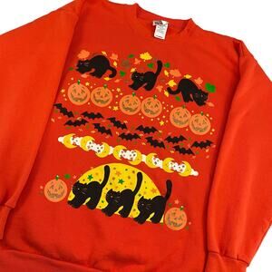 VTG 90s Halloween Sweatshirt Orange size XL Cats Bats Pumpkins Cottage